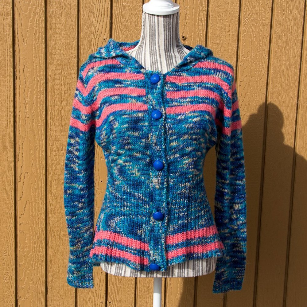 Miss Morena Hooded Cardigan Sweater Large Blue & Coral - Picture 6 of 8